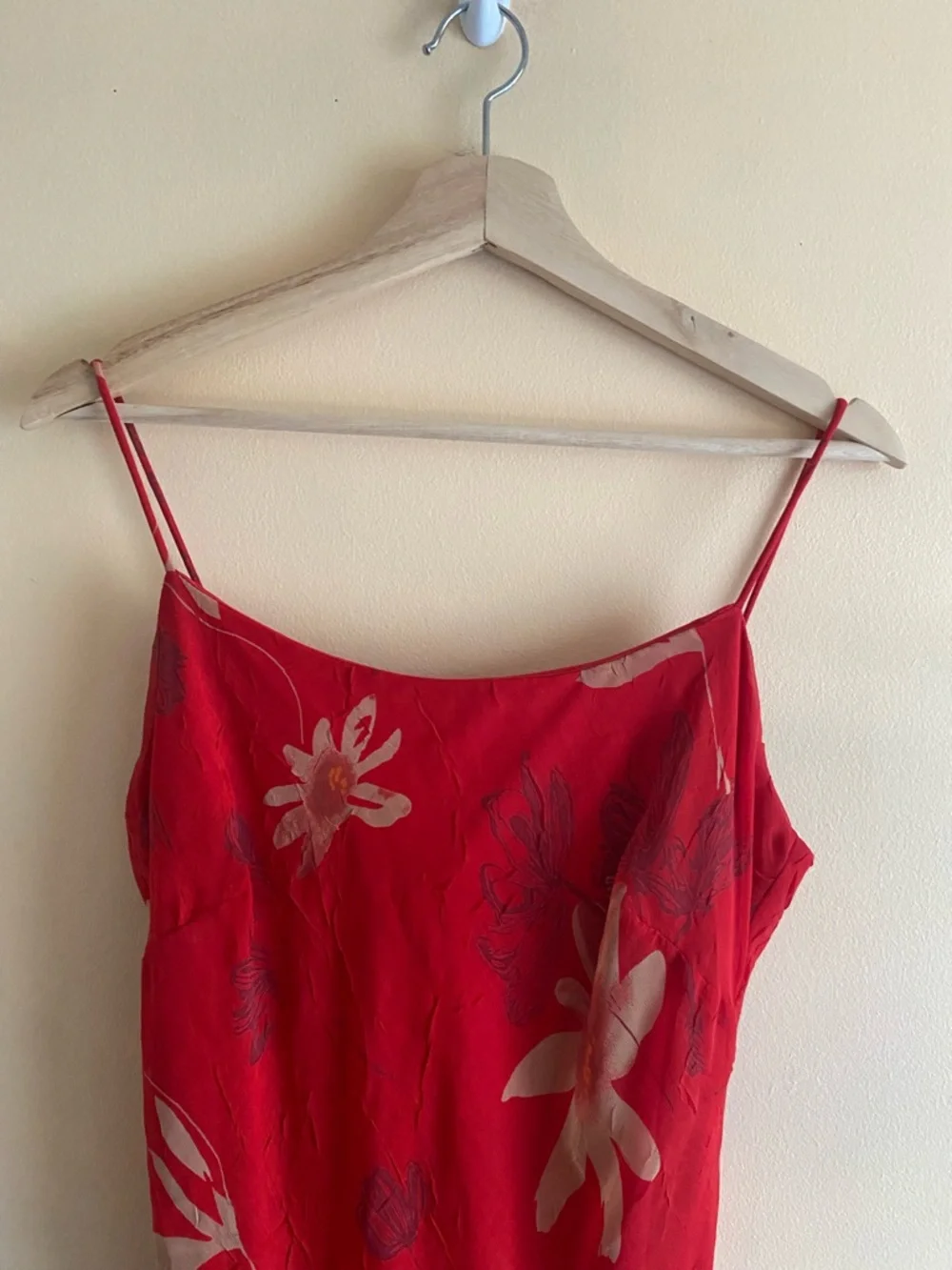 Y2K Oblique Red Floral Slip Dress Woman Small Asymmetrical Hem Spaghetti Strap - Picture 5 of 13